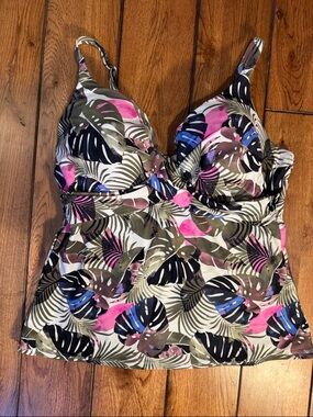 Island Escape Tropical Leaf Swim Camisole in Pink, Olive & Black sz. 12